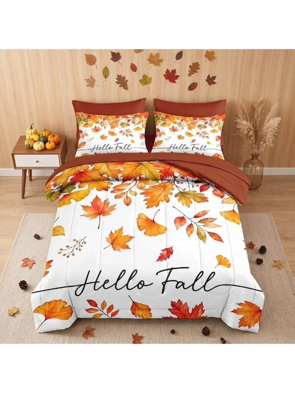 7-Piece King Fall Comforter Set with Sheets - Leaf Print Bedding for Cozy Style